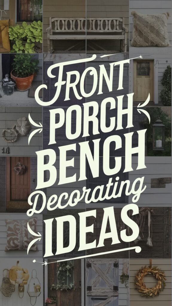 Collage of front porch bench decorating ideas with various rustic elements and a central decorative text.
