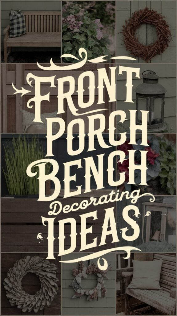 Collage of front porch decor ideas with text overlay: "Front Porch Bench Decorating Ideas."