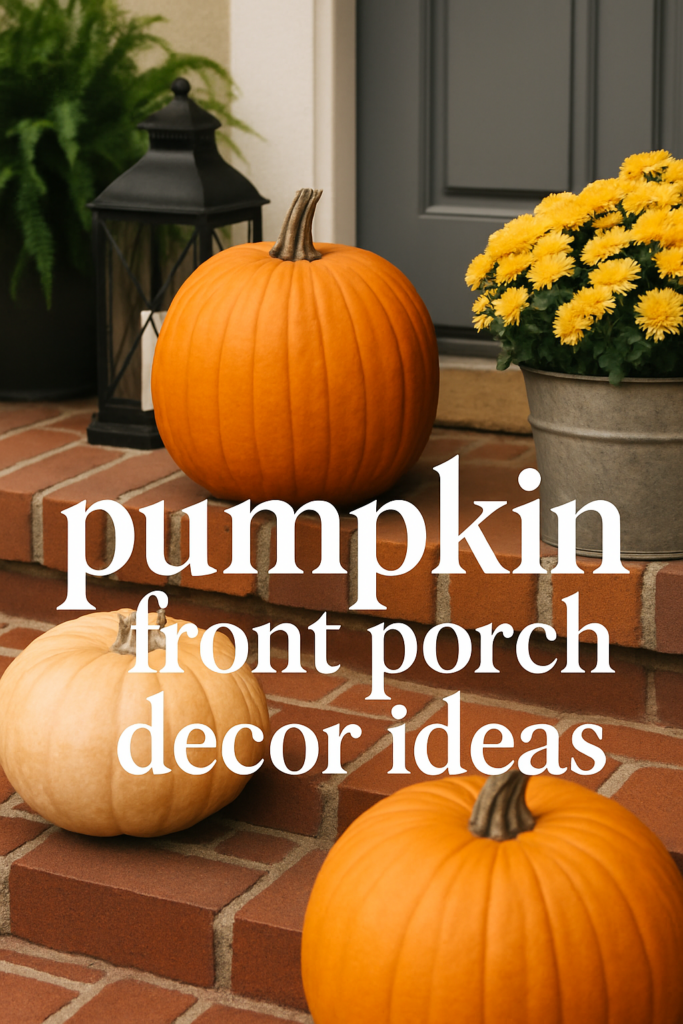 Pumpkins and flowers on brick steps with a lantern, text reads "pumpkin front porch decor ideas".