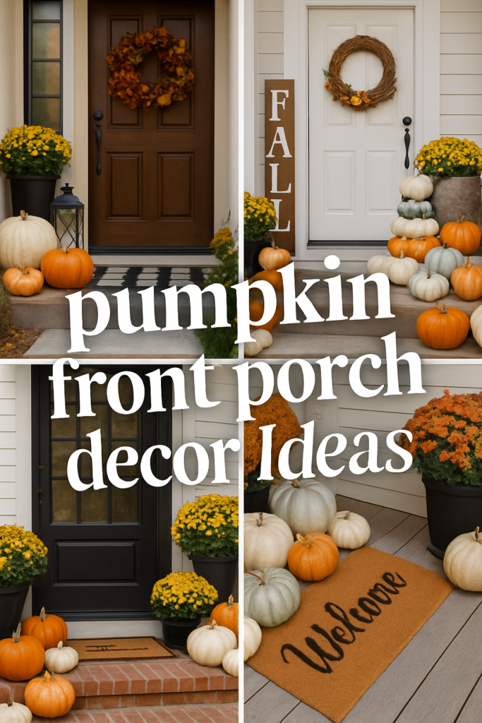 Collage of front porch fall decorations with pumpkins, flowers, and welcome mats.