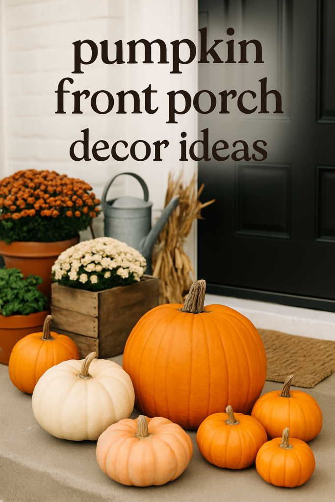 Pumpkins and chrysanthemums decorate a front porch, alongside a watering can and a wooden crate, with text about decor ideas.