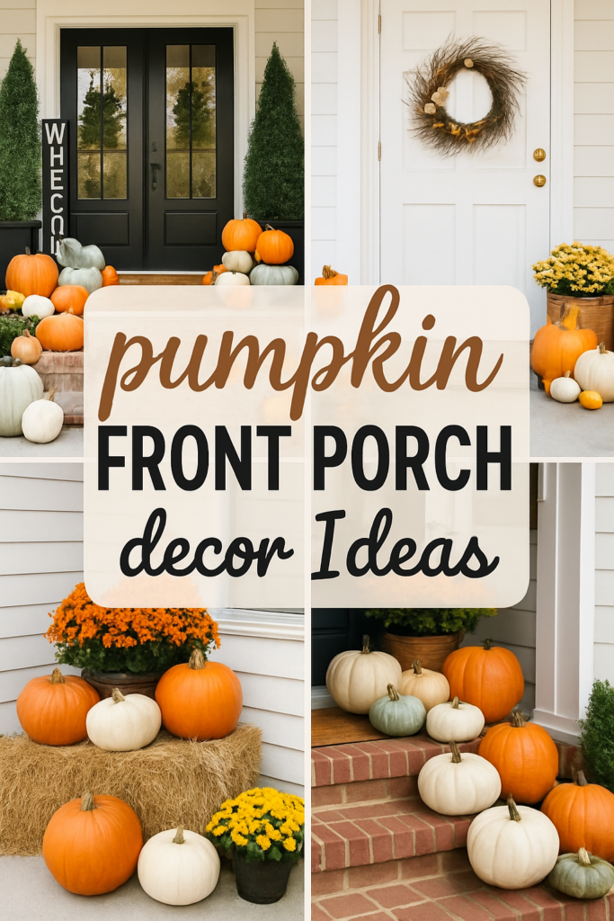 Front porch decorated with various pumpkins, hay bales, and autumn flowers, with a sign reading "pumpkin FRONT PORCH decor Ideas."