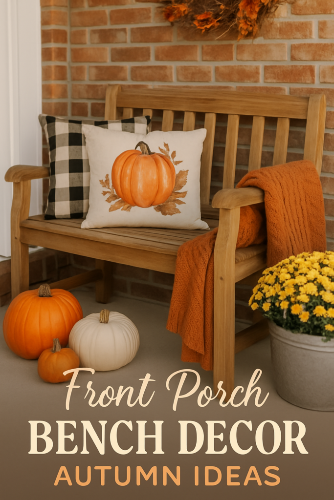 Wooden bench with autumn-themed pillows and orange throw, flanked by pumpkins and yellow flowers; text reads "Front Porch Bench Decor Autumn Ideas."