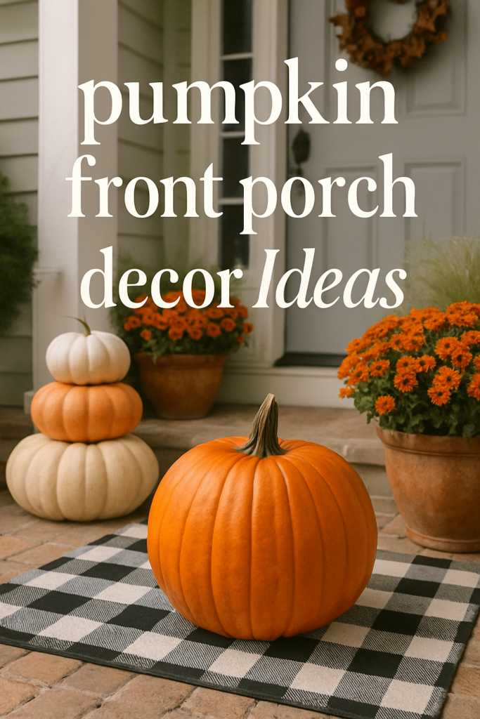 A pumpkin and flowers on a checkered mat, with "pumpkin front porch decor Ideas" written above.