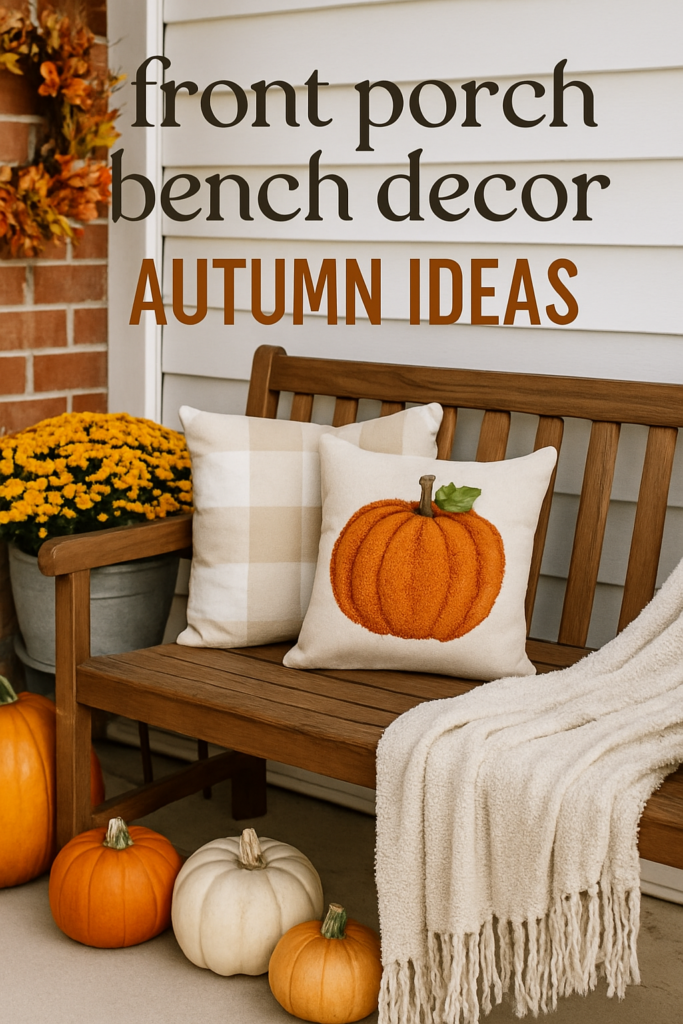 A wooden bench with autumn-themed pillows and a blanket, surrounded by pumpkins and yellow flowers.