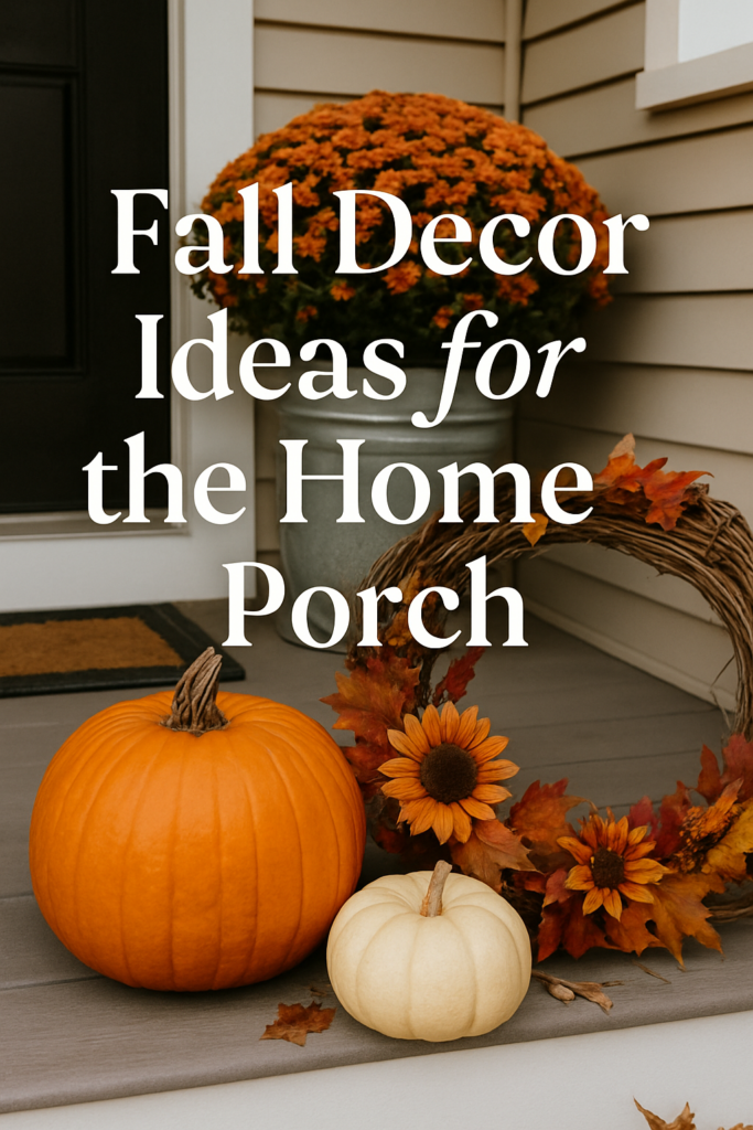 A porch decorated with pumpkins, sunflowers, and a wreath with autumn leaves, accompanied by the text "Fall Decor Ideas for the Home Porch."