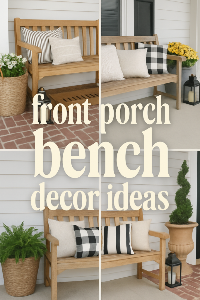 A wooden bench on a porch with pillows, plants, and lantern, showcasing decor ideas.