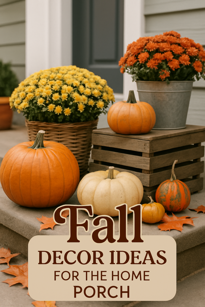 Pumpkins and chrysanthemums arranged on a porch with fall leaves; text reads "Fall Decor Ideas for the Home Porch."