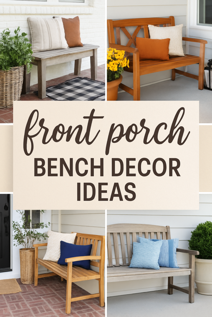 Collage of four porch benches with decorative pillows and plants, featuring the text "Front Porch Bench Decor Ideas."