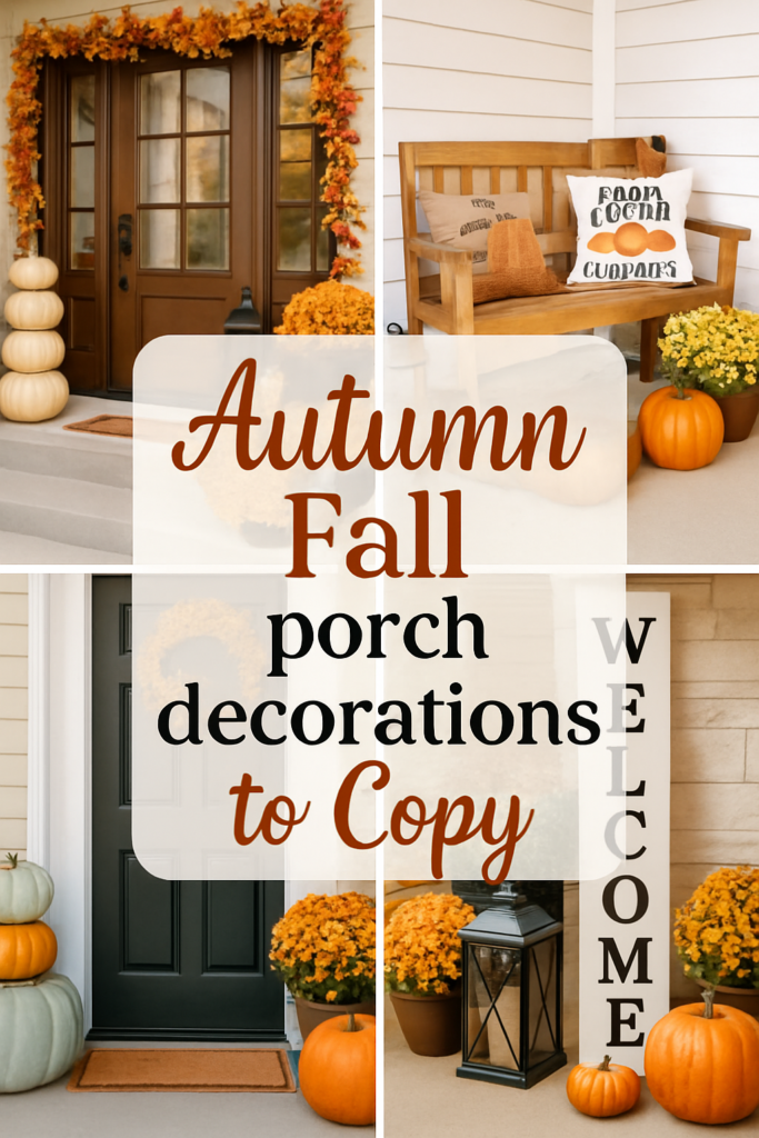Autumn-themed porch with pumpkins, orange flowers, and a wooden bench decorated with fall pillows and a "Welcome" sign.