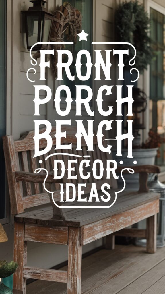 Wooden bench on a front porch, styled with decorative items and overlaid text "Front Porch Bench Décor Ideas."