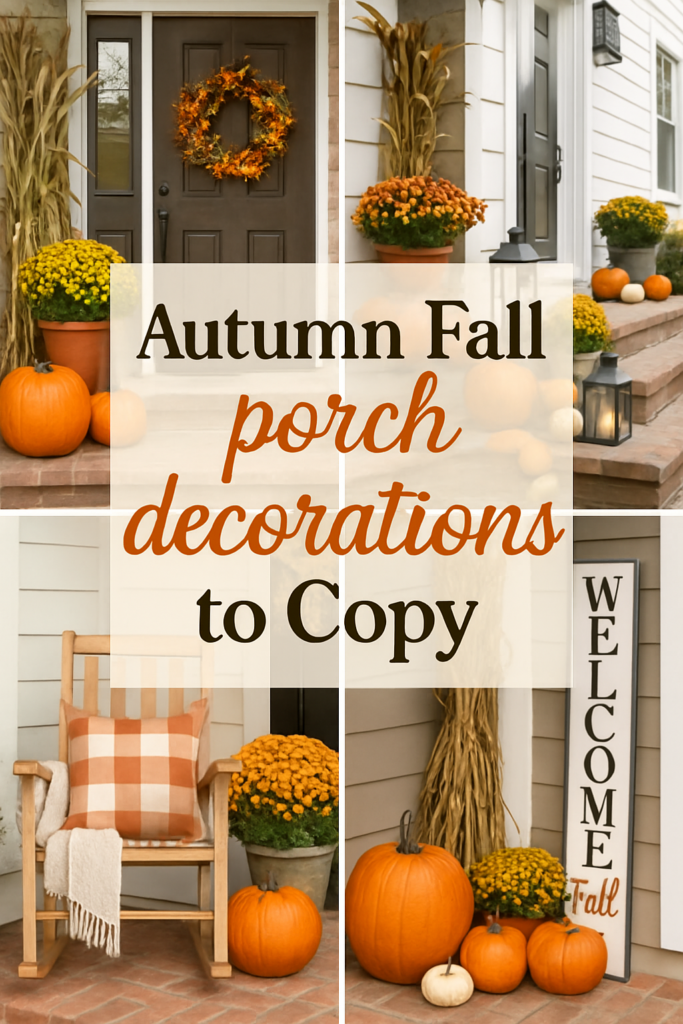 Collage of autumn porch decorations with pumpkins, mums, plaid pillow, and a welcome sign.