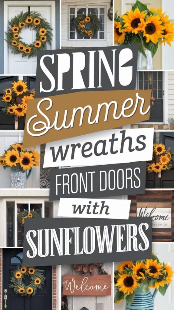 Collage of front doors decorated with sunflower wreaths and text: "Spring Summer wreaths front doors with sunflowers."