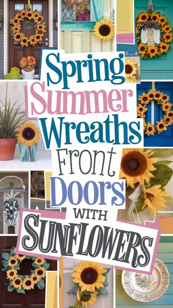 Collage of front doors decorated with sunflower wreaths and bold text saying "Spring Summer Wreaths Front Doors with Sunflowers."