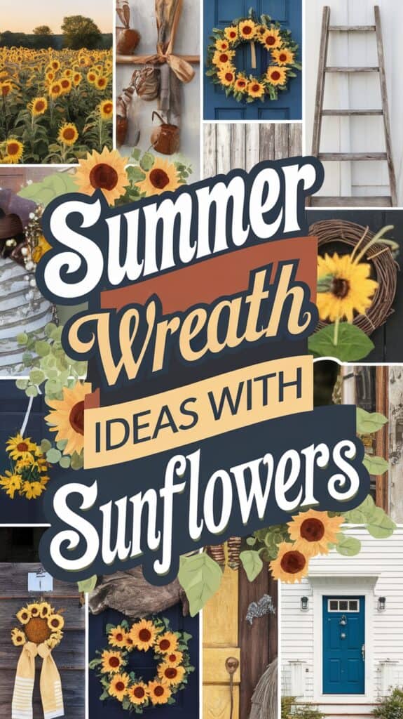 Collage of summer wreaths with sunflowers, featuring text: "Summer Wreath Ideas with Sunflowers."
