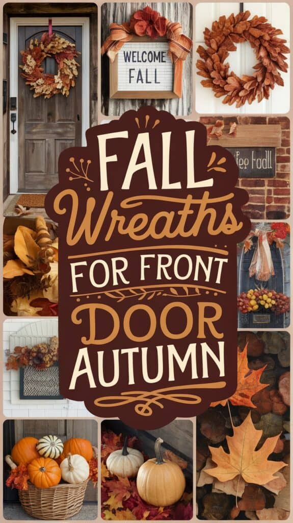 Collage of autumn-themed decorations, featuring fall wreaths on doors, pumpkins, and leaves with text reading "Fall Wreaths for Front Door Autumn."