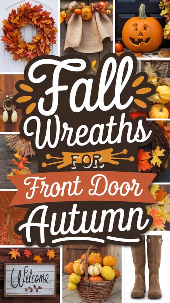 Collage of autumn wreaths, pumpkins, and boots with the text "Fall Wreaths for Front Door Autumn" and a "Welcome" sign.