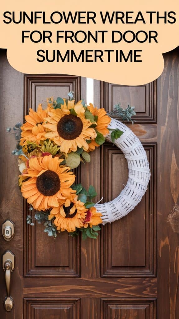 A sunflower wreath with yellow blossoms and greenery adorns a brown front door.