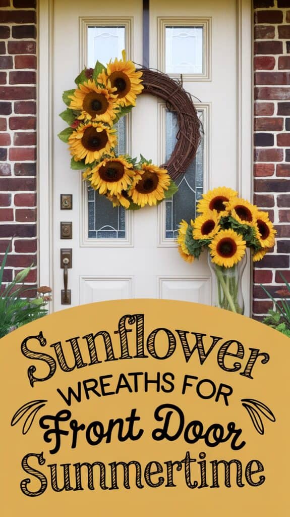 Sunflower wreath on a front door with a sign reading "Sunflower Wreaths for Front Door Summertime."