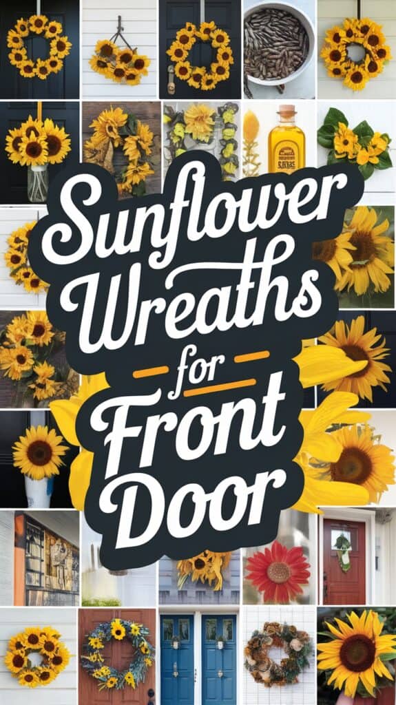 Collage of sunflower wreaths on front doors, with large text "Sunflower Wreaths for Front Door."