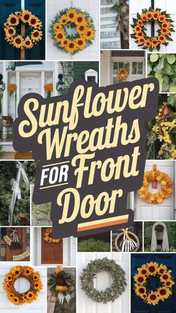Collage of various sunflower wreaths with the text "Sunflower Wreaths for Front Door" in the center.