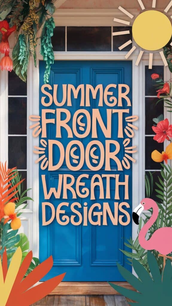 Bright blue door with summer-themed decorations, surrounded by colorful flowers, a flamingo, and text reading "Summer Front Door Wreath Designs."