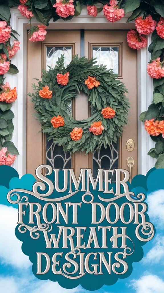 A summer wreath with green leaves and orange flowers decorates a front door with ornate glass panels.