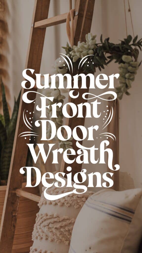 Elegant text reading "Summer Front Door Wreath Designs" overlays a rustic ladder adorned with greenery.