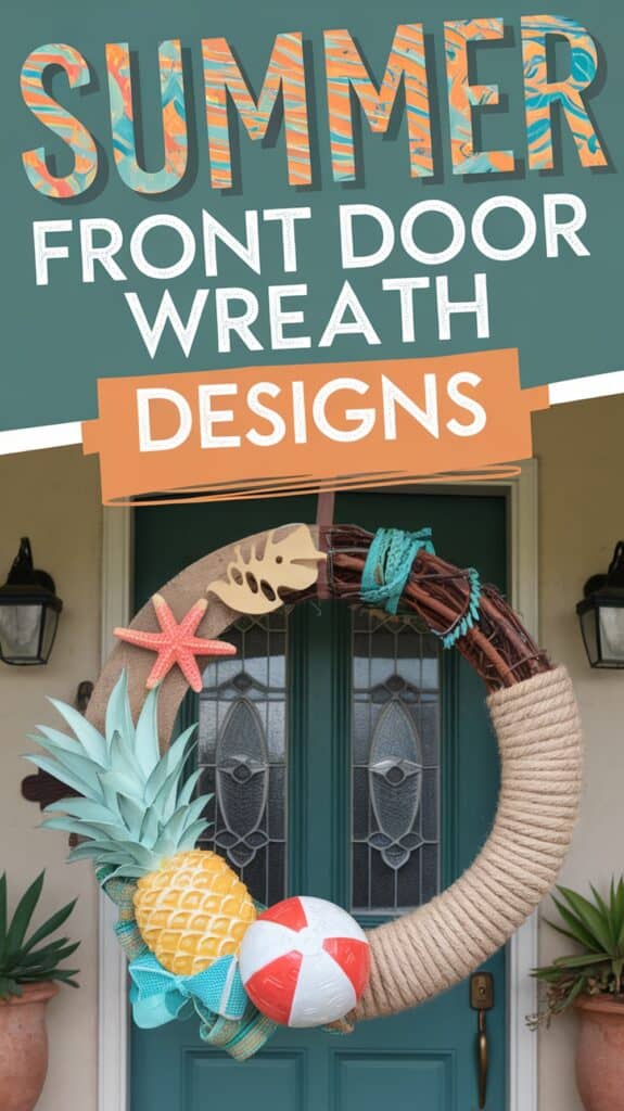 Colorful wreath with tropical elements like a pineapple and starfish, hanging on a turquoise door; text reads "Summer Front Door Wreath Designs."
