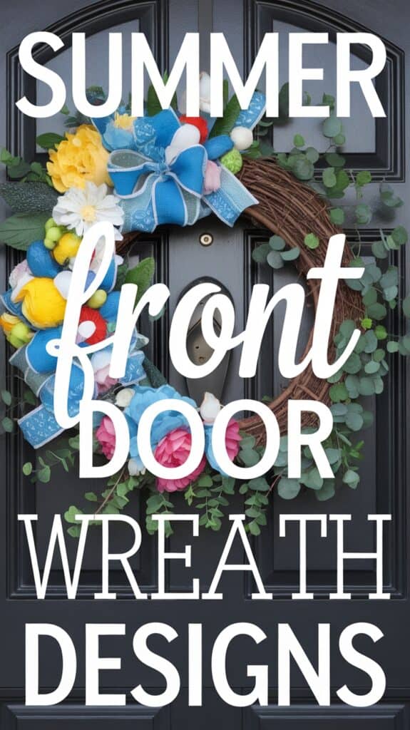A colorful wreath with flowers and bows on a door, with the text "Summer Front Door Wreath Designs."