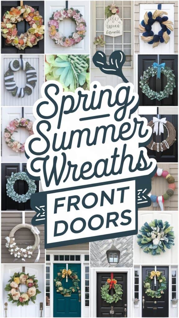 Collage of various front door wreaths with text "Spring Summer Wreaths Front Doors" in the center.