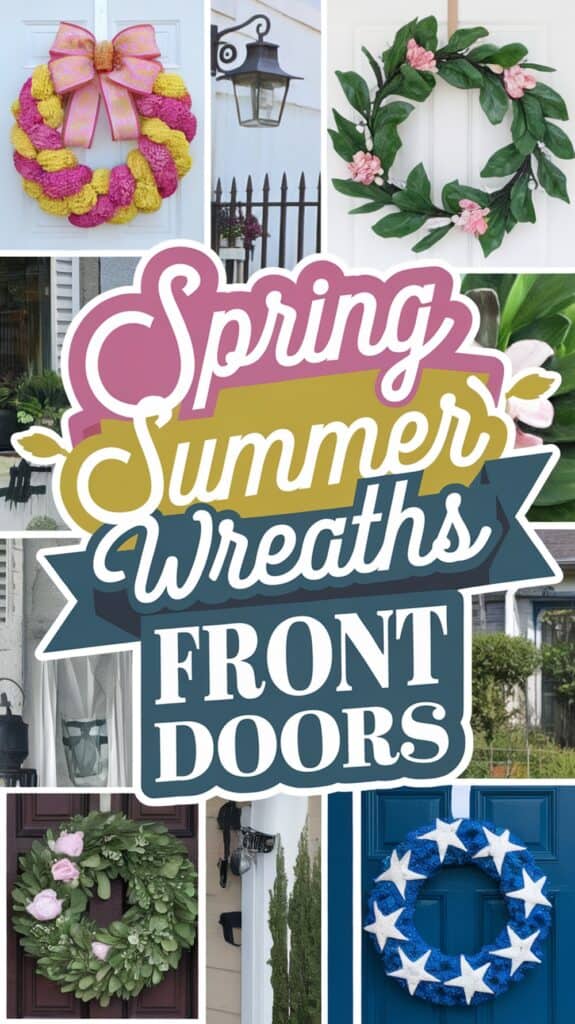Collage of front door wreaths for spring and summer, featuring floral and seasonal designs with decorative text in the center.