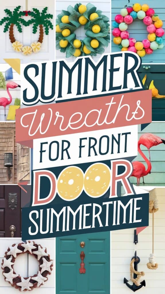 Collage of colorful summer wreaths and text reading "Summer Wreaths for Front Door Summertime" in bold fonts.