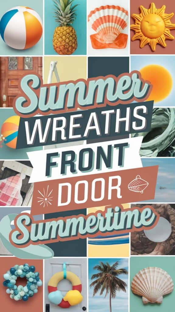 Collage of summer-themed images with text that reads "Summer Wreaths Front Door Summertime" in bold, colorful lettering.
