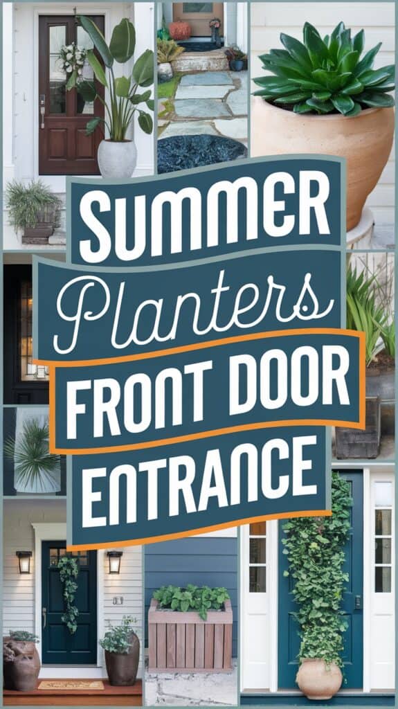 Collage of various front doors with summer planters, featuring text "Summer Planters Front Door Entrance."