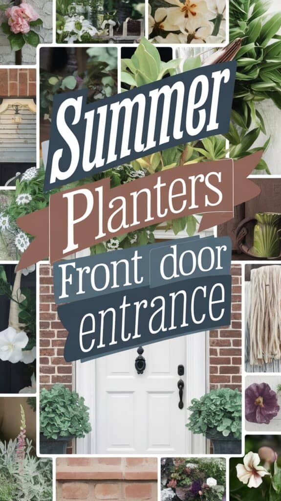 Collage of flowers and plants with text: "Summer Planters Front Door Entrance" over a white door with brickwork.