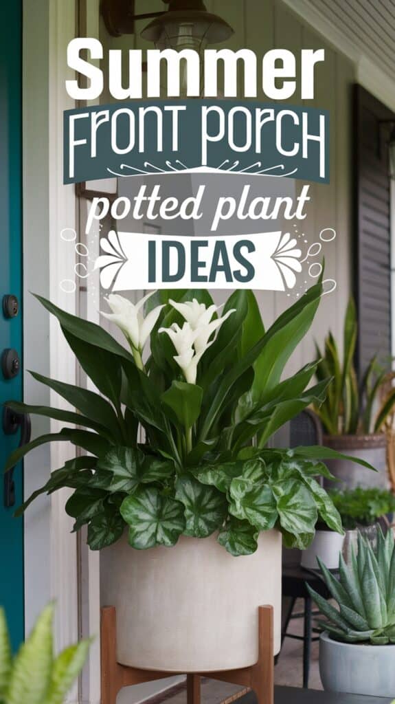 Decorative potted plants with white flowers on a front porch; text reads “Summer Front Porch Potted Plant Ideas.”