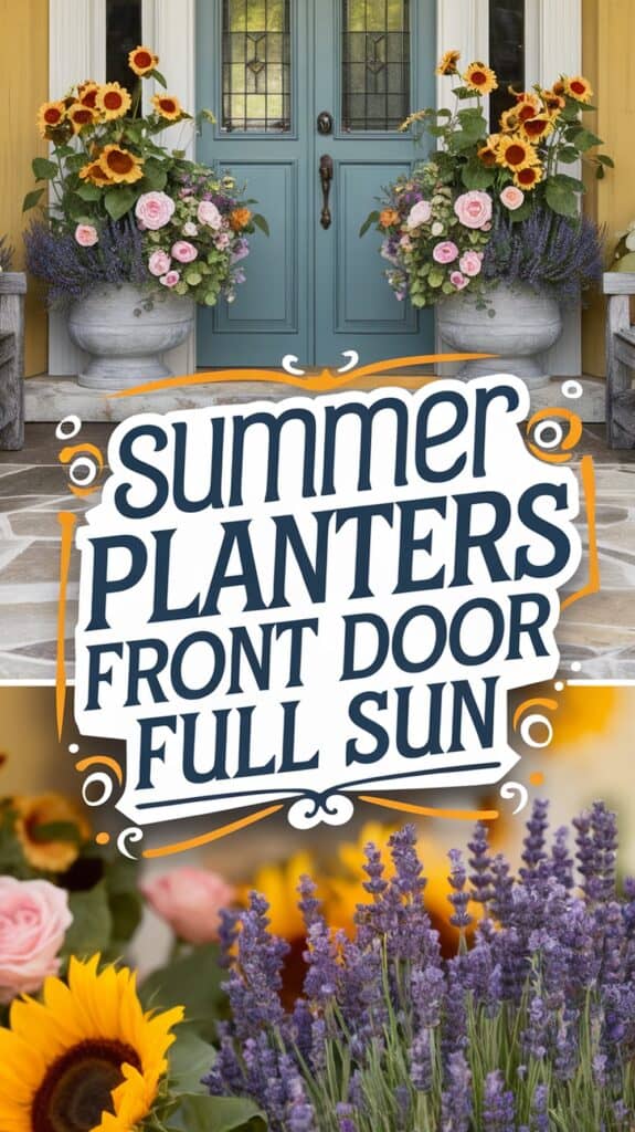 A sunny entrance with blue doors and large planters filled with sunflowers, roses, and lavender. Text reads, "Summer Planters Front Door Full Sun."