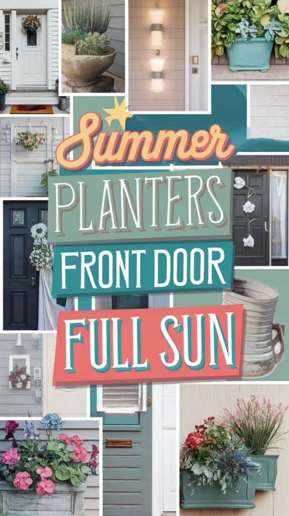 Collage of front doors with a variety of planters, featuring the text "Summer Planters Front Door Full Sun."