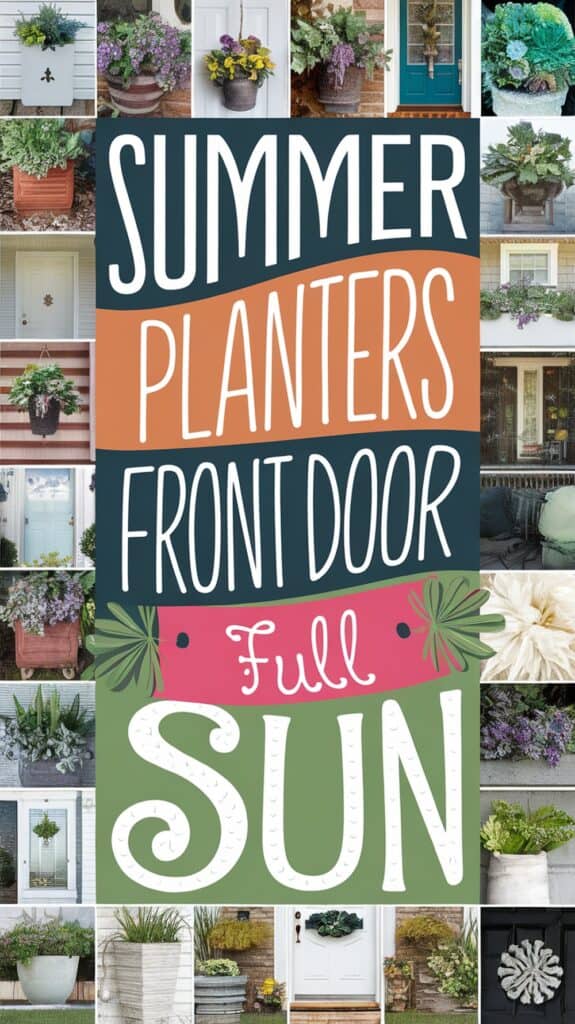 Collage of summer planters in front of doors, with the text "Summer Planters Front Door Full Sun."