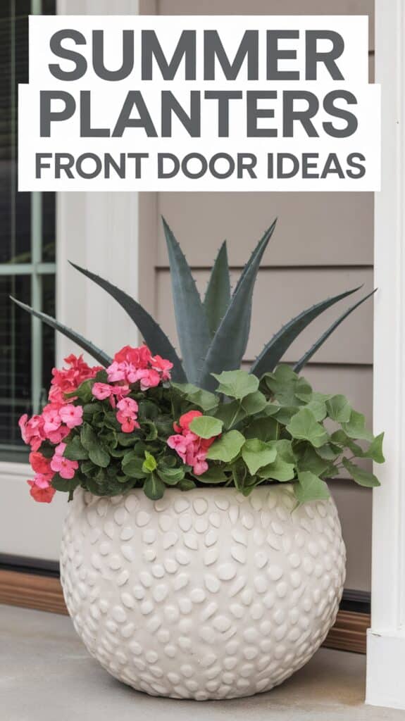 Large white planter with pink flowers, green leaves, and a spiky agave plant. Text reads "Summer Planters Front Door Ideas."