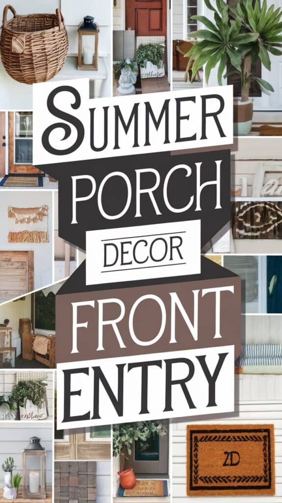 Collage of various summer porch decorations with text reading "Summer Porch Decor Front Entry."