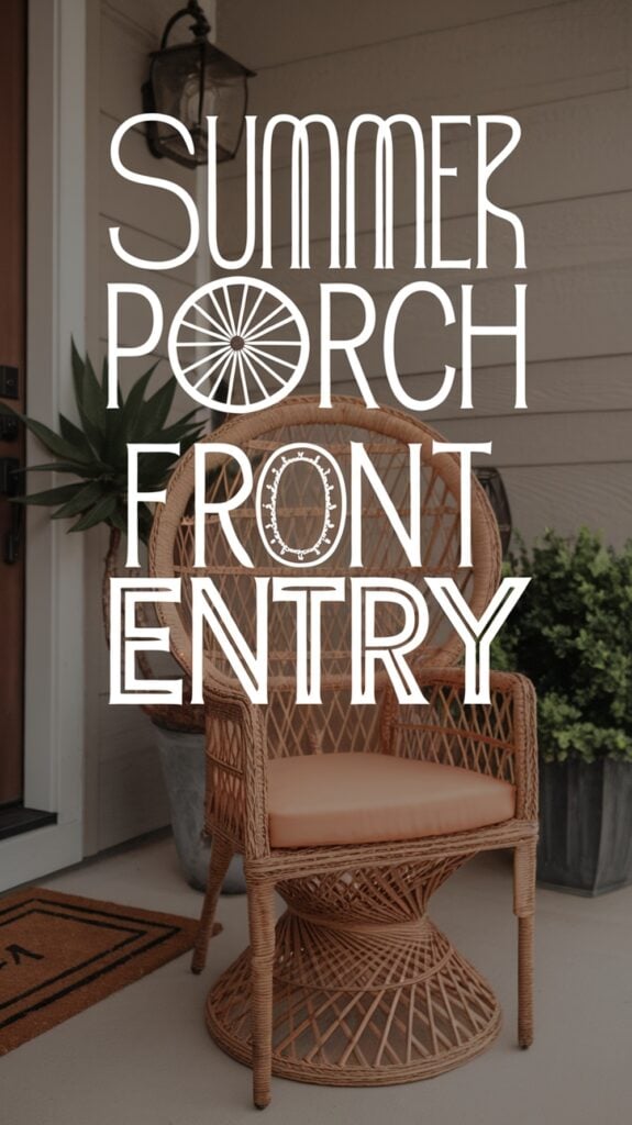 Wicker chair with a cushion on a porch, surrounded by plants, with the text "Summer Porch Front Entry."