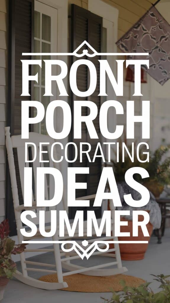 A porch with a white rocking chair, potted plants, and text overlay: "Front Porch Decorating Ideas Summer."