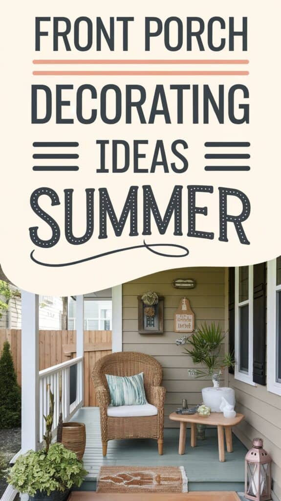 Front porch decorated with a wicker chair, small table, plants, and a rug; text reads "Front Porch Decorating Ideas Summer."