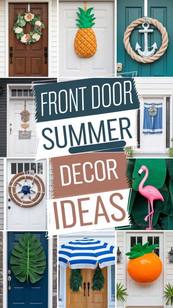 A collage of front doors with summer-themed decorations, including pineapples, anchors, flamingos, and nautical elements.