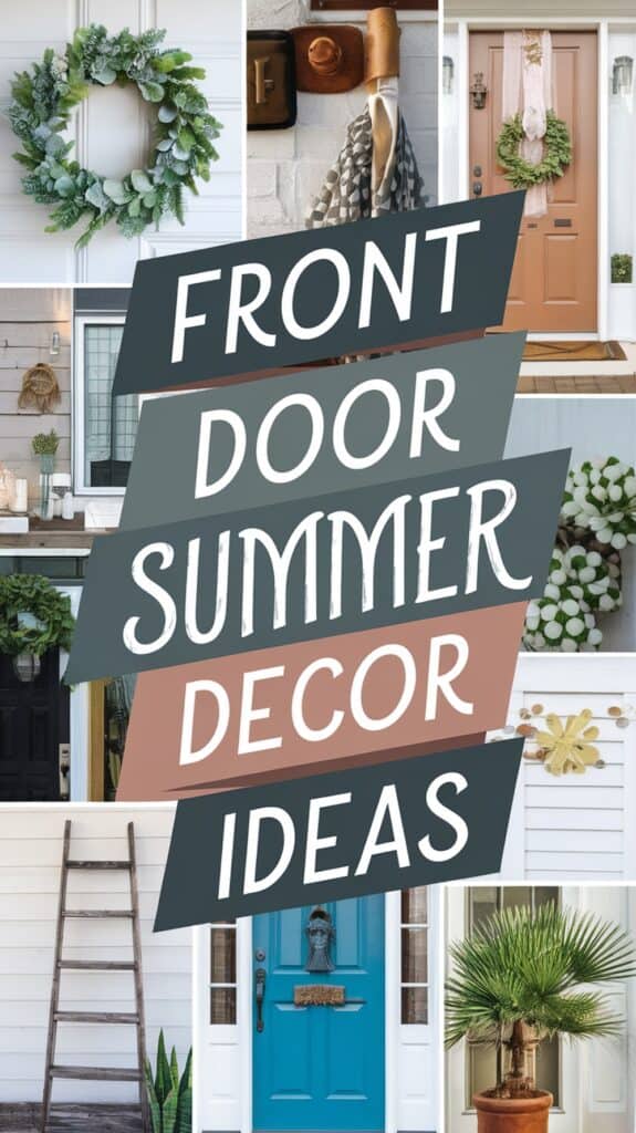 Collage of front doors with various decorations and the text "Front Door Summer Decor Ideas" in the center.