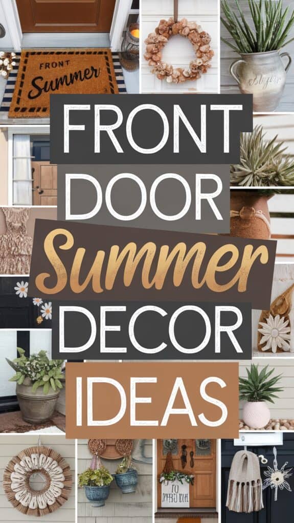Collage of front door summer decor ideas, including plants, wreaths, and a doormat, with the text "Front Door Summer Decor Ideas."
