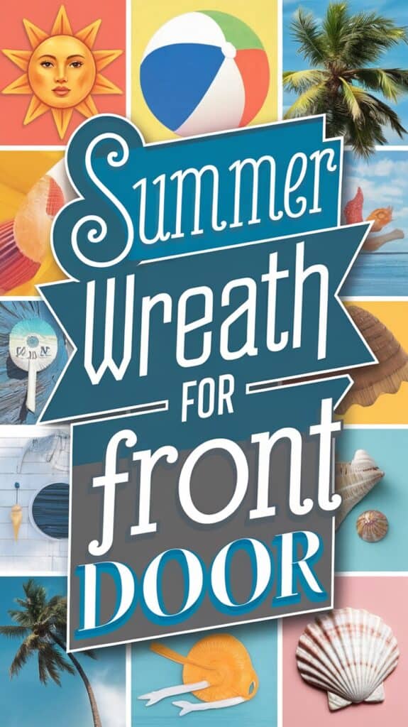 A collage with a sun, beach ball, palm trees, and shells, featuring the text “Summer Wreath for Front Door.”