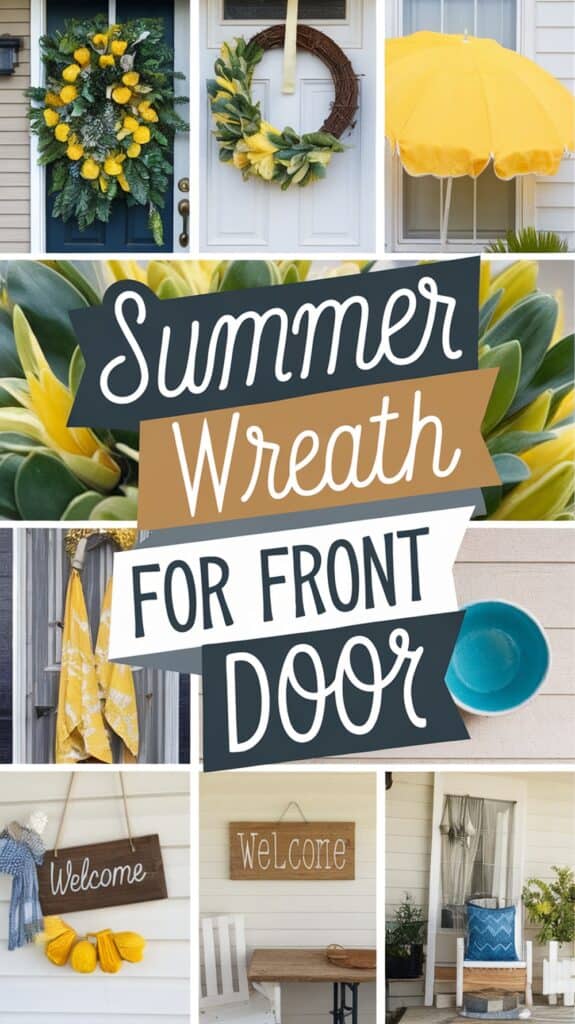 Collage of summer-themed front door decorations, including wreaths, umbrellas, and welcome signs.